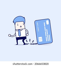 Businessman breaks free from the chain to bank credit card. Cartoon character thin line style vector.