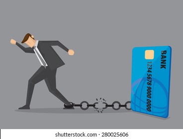 Businessman breaks free from the chain to bank credit card. Creative vector illustration for debt and financial freedom.