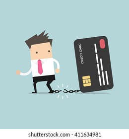 Businessman breaks free from the chain to bank credit card. Vector