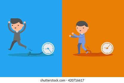 Businessman breaks free from the chain and businessman gets chained with big clock. Business concept of time management .