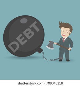 Businessman breaks free from the debt chain by the ax.Vector illustration business cartoon for freedom of debt concept.