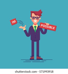 Businessman breaks off a piece of the plate with the word "impossible" and gets the word "possible". Modern vector illustration.