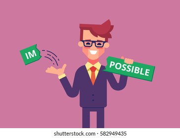 Businessman breaks off a piece of the plate with the word "impossible" and gets the word "possible". Modern vector banner.