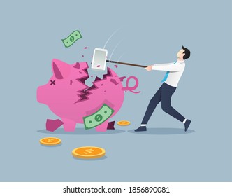 Businessman breaks piggy bank with hammer concept. Business financial symbol vector illustration