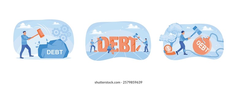 A businessman breaks a stone inscribed with a debt with a hammer. A group of people destroy debt text with hammers. A businessman breaks a ball of debt tied to his leg with a hammer.