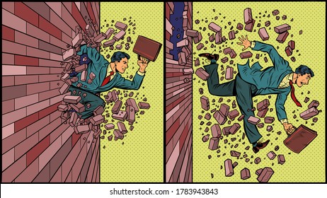 Geschäftsmann bricht durch eine Ziegelwand. Pop Art Retro Vektorgrafik 50er 60er Jahre Stil
