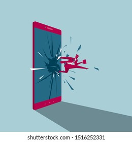 Businessman breaks through the smartphone. Isolated on blue background.