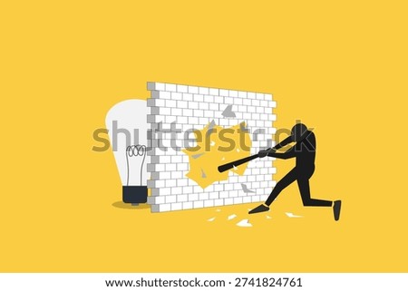 Businessman breaks through a wall barrier with a hammer to discover a bright lightbulb, symbolizing innovation and breakthrough