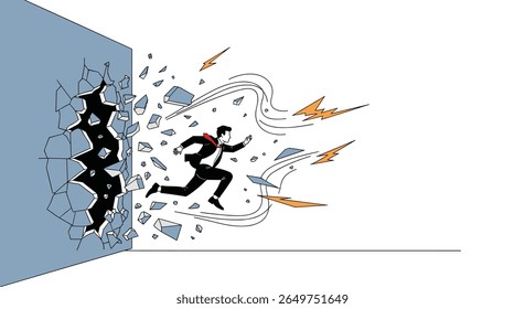 Businessman breaks through a wall with speed and determination towards new opportunities and success