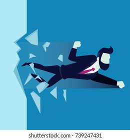 businessman breaks the wall, employee flies through the wall or barrier, business concept effort and success