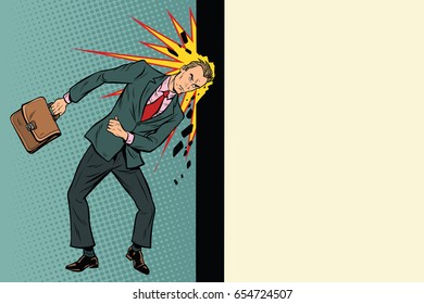 Businessman breaks the wall with his head. Stubbornness and determination in business. Pop art retro vector illustration