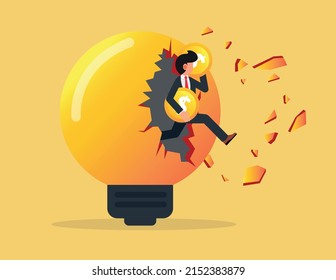 Businessman And Breakthrough Idea. Businessman Holding A Coin And Jumping Out Of A Broken Light Bulb