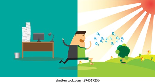 Businessman breathe oxygen in pure nature.