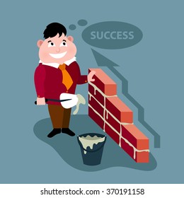 Businessman with bricks and trowel is building a graph for success. Success concept. Vector illustration
