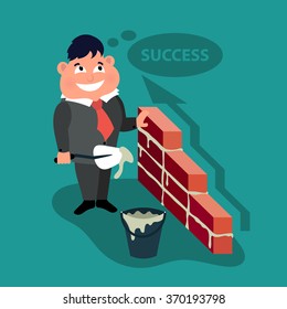 Businessman with bricks and trowel is building a graph for success. Success concept. Vector illustration