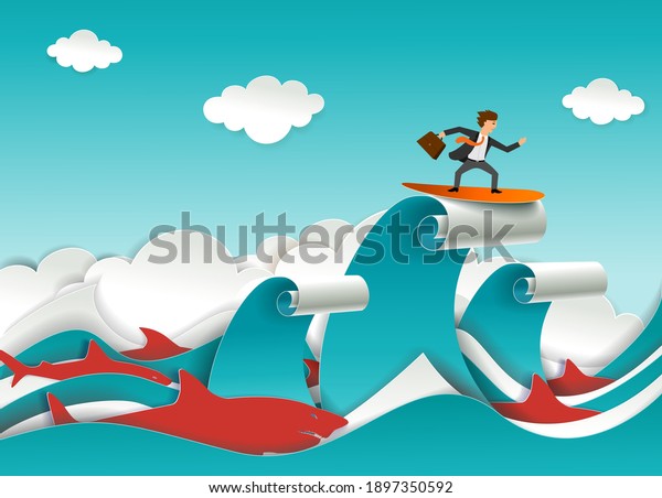 Businessman with briefcase\
accompanied by predatory shark fish surfing ocean waves. Vector\
illustration in paper art craft style. Challenge, business\
competitors\
concept.