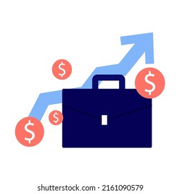 Businessman briefcase against background of chart of exchange rates and American money. Simple flat vector isolated on white background