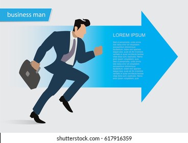 Empresario con maletín delante de la flecha en estilo plano. Corre el hombre. Ilustración empresarial y concepto de carrera para su diseño gráfico, sitio Web, UI. EPS