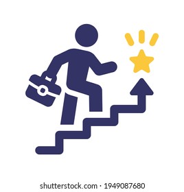 Businessman with briefcase climbing stairs to reach a bright golden star as career achievement. Vector icon illustration concept for entrepreneur with ambition and aim for success.