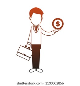 Businessman with briefcase and coin faceless red lines