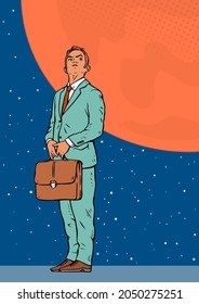 A businessman with a briefcase dreams of flying to the planet Mars. Career, business promotion and space exploration. Vector cartoon pop art illustration poster