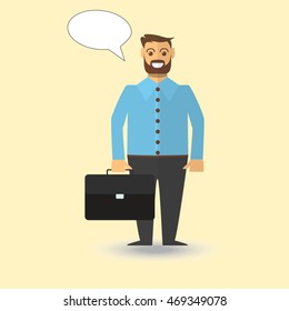Businessman with briefcase and empty quote cloud, speech bubble, cartoon flat design vector