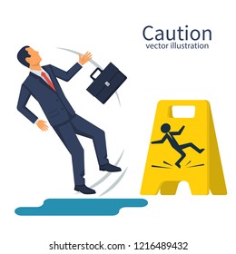 Businessman with a briefcase fell on a wet floor. Floor sign of danger. Cleaning in progress. Wet floor sign. Isolated on white background. Vector illustration flat design. Not an attentive person.