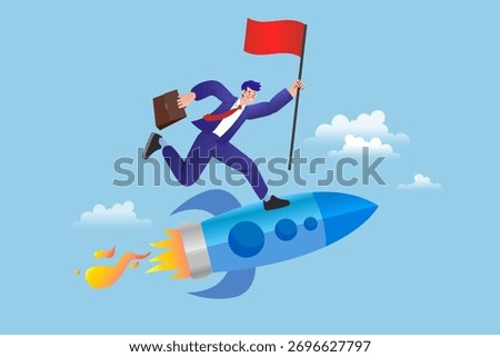 A businessman with a briefcase and flag rides a rocket ship. This illustration symbolizes a successful startup launch, fast business growth, and career advancement.