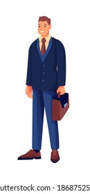 Businessman with briefcase flat vector character. Smiling office worker, manager, boss cartoon illustration. Guy in formal clothes. Man in tie at work clipart. Isolated design element