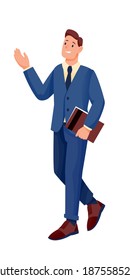 Geschäftsmann mit Aktentasche, flacher Vektorgrafik. Lächelnder Büroangestellter, Geschäftsführer, Chef mit Bericht Cartoon Illustration. Guy in formaler Kleidung. Mann in der Krawatte bei der Arbeit Video-Kunst. Einzelnes Designelement