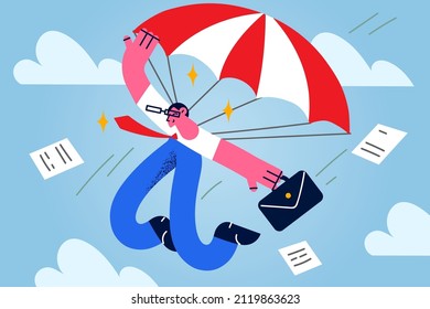 Businessman with briefcase flying on parachute in sky risking for business goal achievement or success. Male employee involved in risky project for aim or target accomplishment. Vector illustration. 