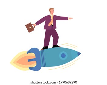 Empresario con maletín volando sobre cohete, ilustración vectorial de dibujos animados aislada en fondo blanco. Metáfora del lanzamiento de proyectos de inicio o de negocios.