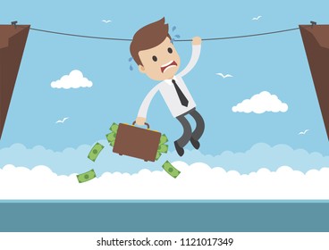 A businessman with briefcase full of money hanging from a rope 