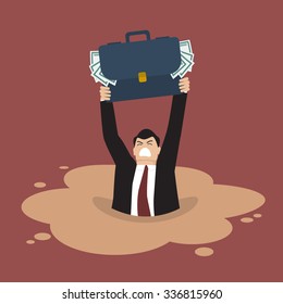 Businessman with briefcase full of money sinking in a quicksand. Business concept