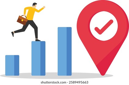 Businessman with briefcase in hand going upstairs by column chart with goal destination mark on top. Career growth, job achievement. Flat vector illustration.

