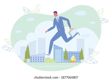 Businessman with Briefcase in Hand Rushing over Cityscape with Skyscraper Building. Late for Work or Job Interview. Man Hurry to Office. Running Worker Entrepreneur. Vector Illustration