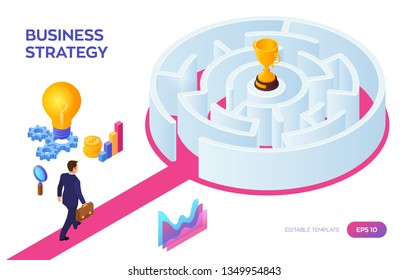 Businessman with briefcase in hand walking to the success through the labyrinth. Road to success. Gold Trophy Cup of the winner inside the maze. Business Strategy Concept. Vector Illustration.