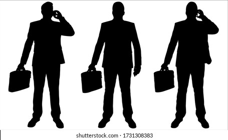 Businessman with a briefcase in hands and a mobile phone. Negotiating. Talking. Man in a business suit stands still. Front view, full face. Three black silhouettes isolated on a white background.