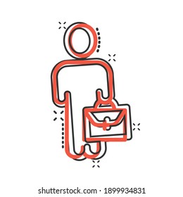 Businessman with briefcase icon in comic style. People manager cartoon vector illustration on white isolated background. Employee splash effect business concept.