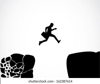 Businessman with a briefcase jumping from a crumbing mountain rock to another safer rock Concept design vector illustration art of reaching safety from an risky unsafe business environment