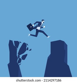 Businessman with a briefcase jumping from a crumbing mountain rock to another safer rock, reaching safety from an risky unsafe business environment concept