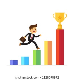 Businessman with briefcase jumping up on a schedule to the prize cup