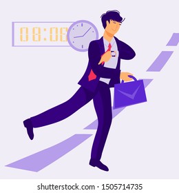 Businessman with briefcase late for work, hurrying to meeting. Man, office worker cartoon character in morning rush. Flat vector illustration isolated on white background.