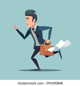 Businessman With Briefcase Late To Work. Man In Rush. Vector Illustration