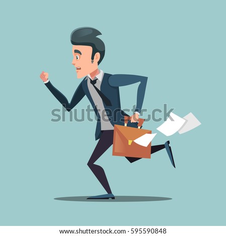 Businessman with Briefcase Late to Work. Man in Rush. Vector illustration