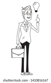 businessman with briefcase and light bulb avatar cartoon character black and white vector illustration graphic design