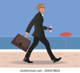 Businessman With A Briefcase Making A Step Through The Portal From Financial District To The Summer Beach. Quick Transportation, Success, Travel Agency And Vacation Loans Concept. Vector Illustration