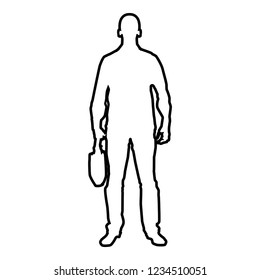 Businessman with briefcase Man with a business bag in his hand silhouesse front view icon outline black color