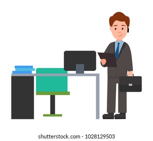 Businessman and briefcase, man with happy expression on face, holding papers and standing by table with computer, isolated on vector illustration