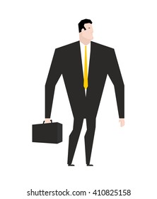 Businessman with briefcase. Manager in black formal suit. Yellow tie. Office plankton. Boss on white background. city man isolated
